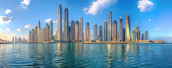 Wide panorama of a bustling modern city skyline with towering skyscrapers and water reflections.