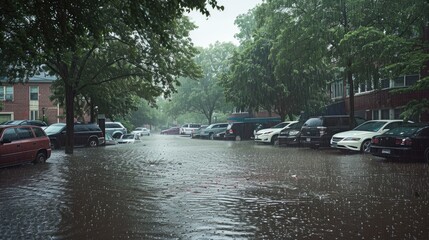 a colossal rainstorm, with the park parking lot transformed into a submerged landscape, cars engulfed up to their windows, amidst the stormy summer weather.