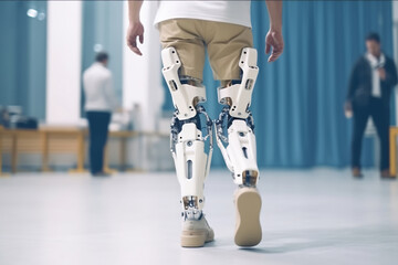 Legs of disable man in the robotic exoskeleton walking through the corridor of the rehabilitation clinic