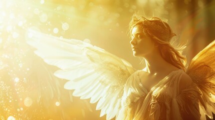 Fototapeta premium Ethereal angel under radiant light with space for text