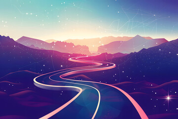 Scenic road in a colorful digital landscape at sunset, pink and purple hues with stars