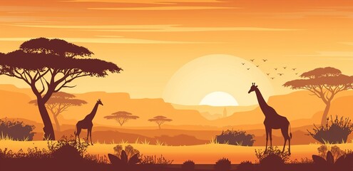 A flat illustration of an African savannah landscape with giraffes and acacia trees under the setting sun