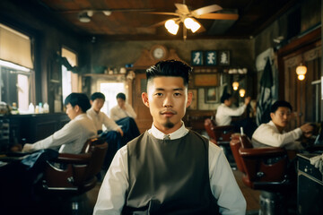Picture of Asian barbershop. Professional male hairstylist in salon