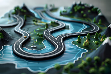 Miniature landscape with curved road and river through a lush green forest, cars traveling