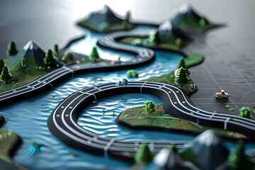 Miniature landscape with winding road and river through a forested area, cars on the road