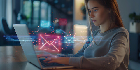 woman  reading electronic mail ,Email marketing and newsletter concept Digital communication with email messages Sending and receiving messages online with the email icon ,notifications .