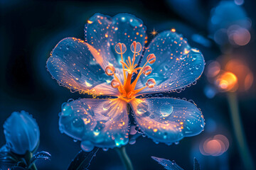 Magical neon luminescent transparent close-up flower glowing blue and yellow. Macro. Wallpaper.