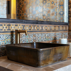 Interior scene of a bathroom with close up to the washbasin.