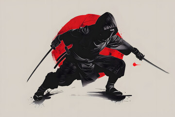 striking depiction of a ninja warrior poised with swords against a vivid red background