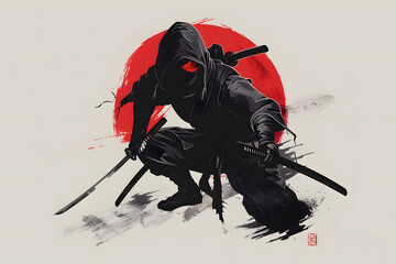 illustration of a ninja crouching with swords against a red circular backdrop