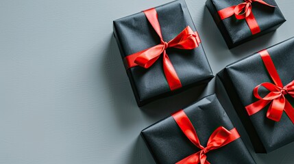 a black gift box adorned with a vibrant red ribbon, set against a bold light background in a top-down view, creating the perfect template for a Black Friday sale banner.