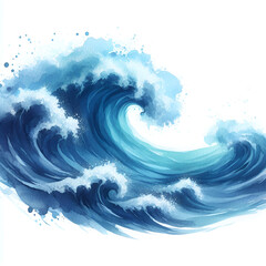 blue and turquoise ocean wave watercolor paint on white background