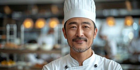 A mature Japanese chef in a professional kitchen, skillfully preparing delicious Asian cuisine.