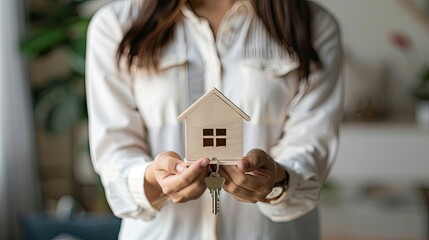 a real estate agent's hands holding keys and a house model against a pristine white background, symbolizing the concept of homeownership and property sales.