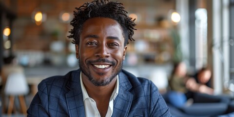 A handsome, excited black man in a stylish suit smiles for a home portrait. - Powered by Adobe