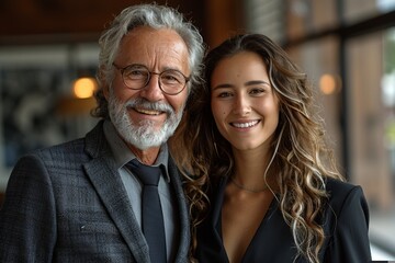 A successful senior boss shares a warm hug with an employee, exuding happiness in their modern office.