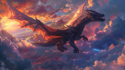 A majestic dragon soaring through a sky filled with colorful clouds, its scales shimmering in the sunlight as it glides over a sprawling fantasy landscape