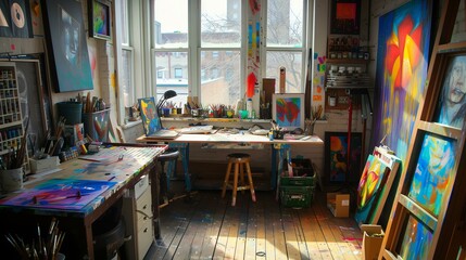 Art studio with large windows, wooden floors, and colorful paintings on the walls.