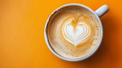 Cappuccino with heart-shaped foam in a white cup on an orange background. The image is well-lit and has a warm, inviting feel.