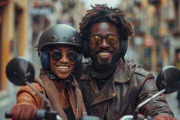 Fototapeta premium An exuberant couple with stylish helmets posing on their motorcycle in an urban setting