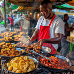 African Man preparing Kenyan cuisine street food 