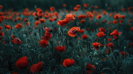 Photograph of a meadow filled with red poppy flowers