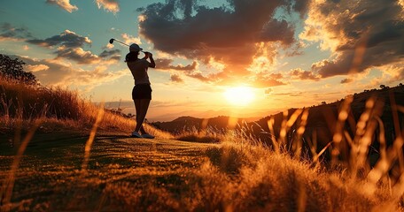 Silhouette of woman playing golf on course.
