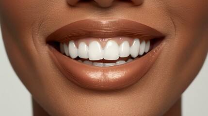 Close-up of a woman's smile with white teeth and brown lipstick.