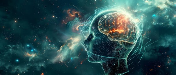 A futuristic design featuring a digital representation of a head with a glowing, holographic brain floating inside