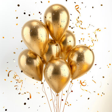 Celebraci&oacute;n de cumplea&ntilde;os de globos dorados, fondo blanco con confeti cayendo