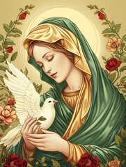Holy Mary and Dove, the Annunciation to Our Lady, Angel Gabriel came to Mary