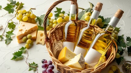A commercial photo of a basket with bottles of wine without labels inside and a lot of different cheeses.