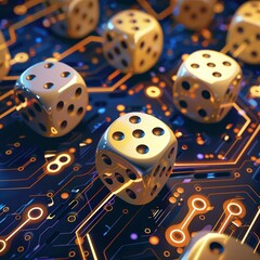 An intricate illustration of rolling dice on a digital backdrop symbolizing internet betting