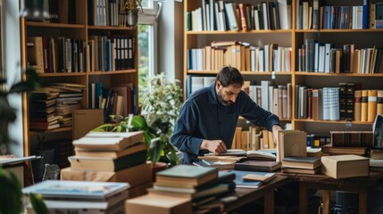 A professor unpacking academic books and lecture materials in a new university office.