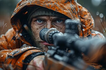 Fototapeta premium A concealed hunter in orange camouflage gear takes aim with his rifle, focusing on the hunt in a natural environment