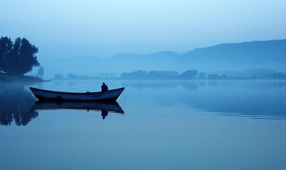 A small fishing boat on a foggy lake at dusk, with a lone fisherman