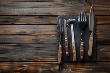 A wooden table with a black plate and a variety of utensils including knives with a copy space - Powered by Adobe