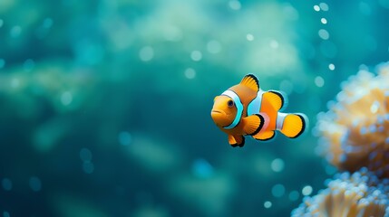 Underwater world. A bright orange clownfish swims in the deep blue sea.