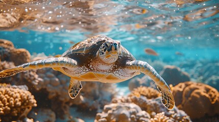 Obraz premium captivating underwater wildlife: turtle swimming closeup in marine environment