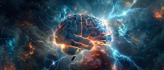 Design a digital composition featuring a brain emitting dynamic bolts of energy from various points