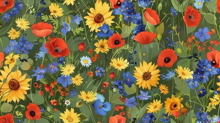 A vibrant and detailed illustration of a wildflower meadow, featuring an array of colorful blooms like poppies and sunflowers on a green backdrop.