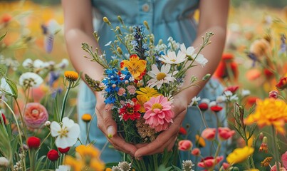 Wild flowers picking by hands at flower farm