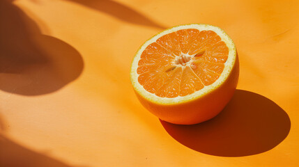 A ripe pomelo displayed elegantly on an orange background, captured in a modern photography style. The vibrant yellow color of the pomelo contrasts beautifully with the warm tones of the backdrop