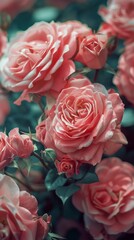 Fototapeta premium A Bunch of Pink Roses With Green Leaves