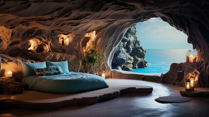 illustration of a bedroom in a cave with view to the ocean
