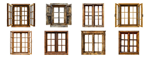 Set of Variety of vintage wooden windows isolated transparent PNG background