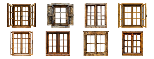 Set of Variety of vintage wooden windows isolated transparent PNG background