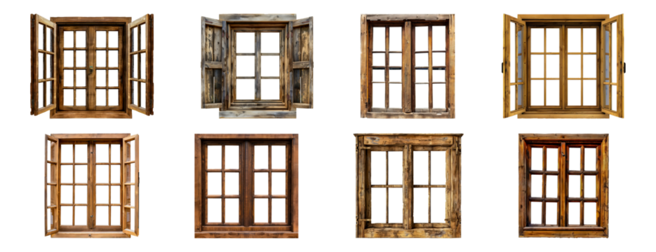 Set of Variety of vintage wooden windows isolated transparent PNG background