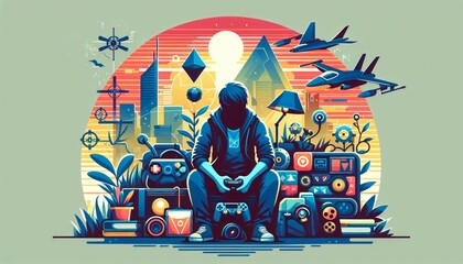 Vibrant Gamer Digital Art with Eclectic Elements