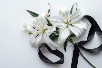 A bouquet of white flowers with black ribbons with copy space